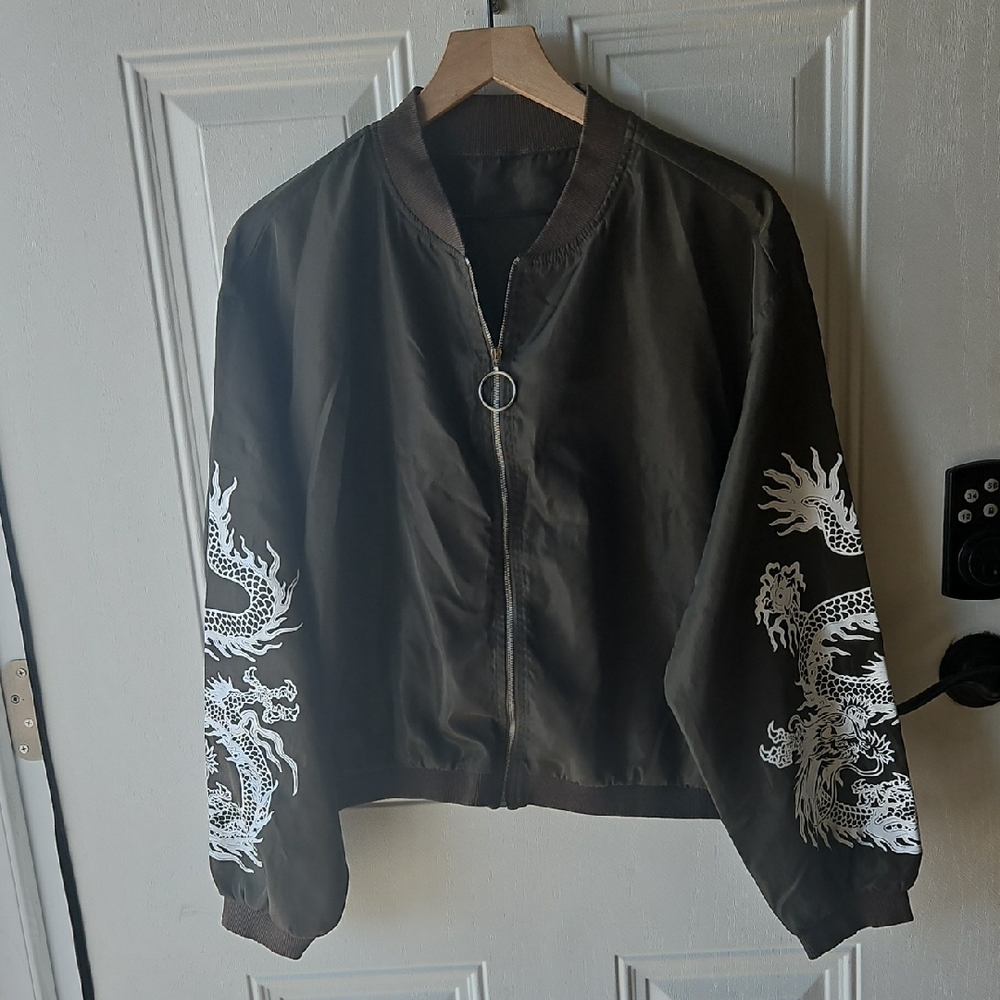 Women's Olive Green Cropped Bomber Jacket with Dragons